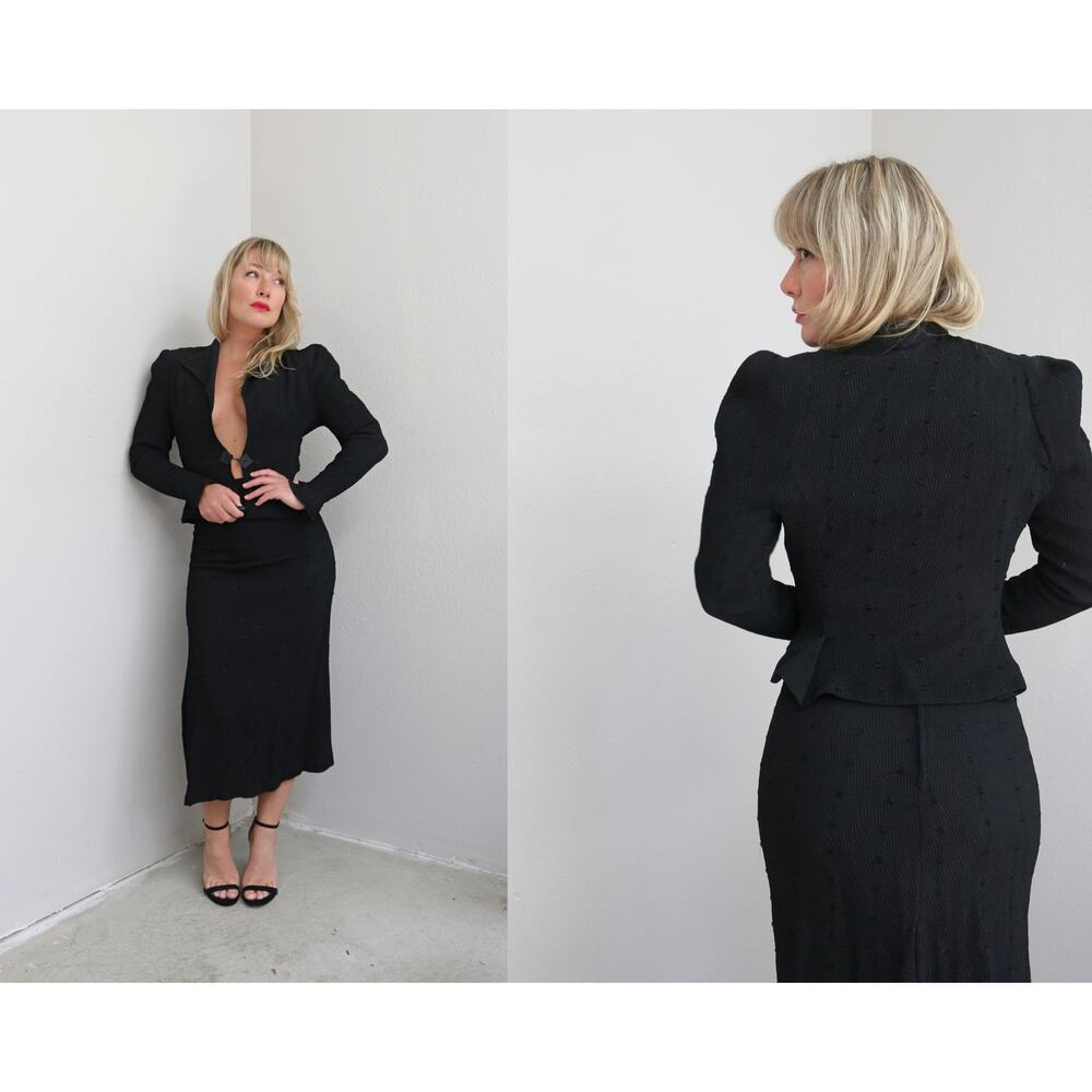 1970's Vintage Vampy Black Stretch Jacket & Pencil Skirt Set ~ Women's XXS XS